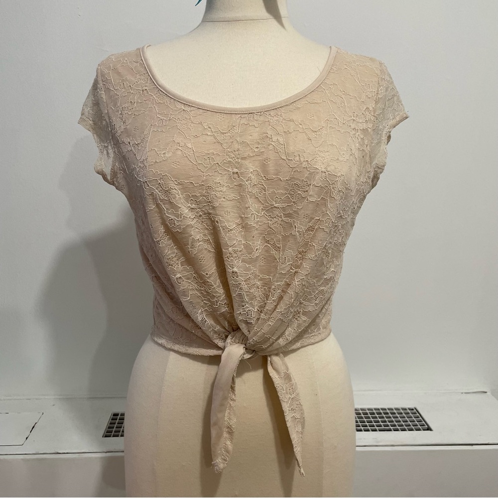 Divided Lace Ivory Off White Cream Tie Crop Top Short Sleeve Size 10
